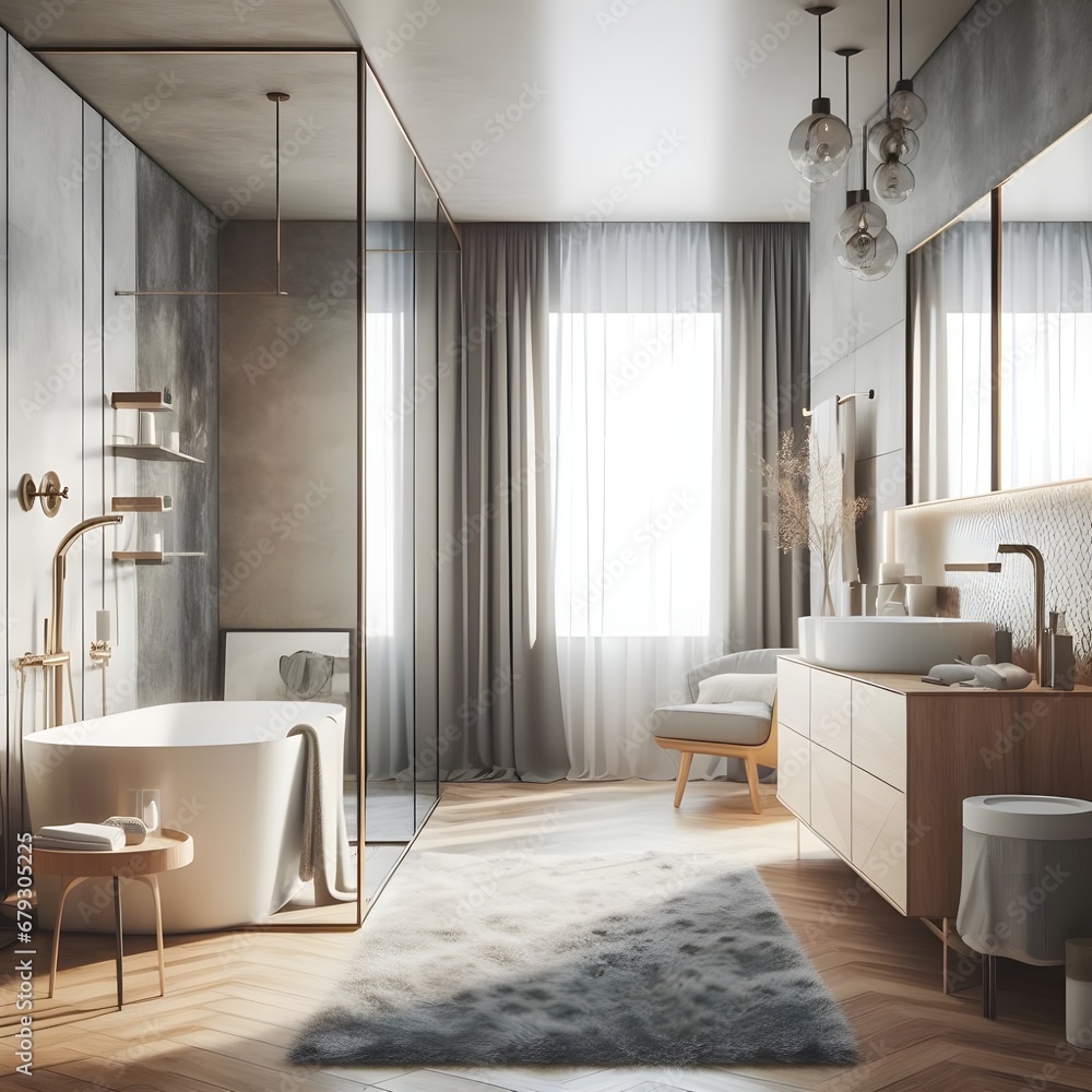A stylish bathroom with a walk-in shower, a soaking tub, and a freestanding vanity A stylish bathroom with a walk-in shower, a soaking tub, and a freestanding vanity