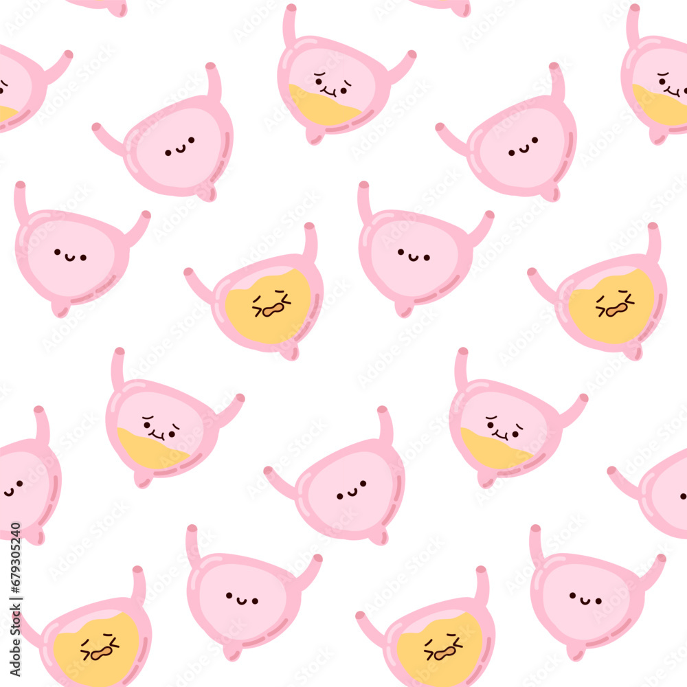 Seamless pattern adorable kawaii human organ. Unhappy, happy and embarrassed bladder, incontinence problem, child illustration.