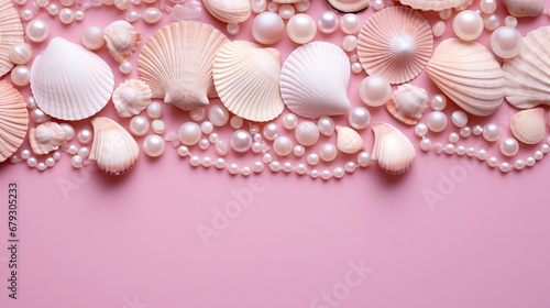 background of beads, shells and stones on pink.