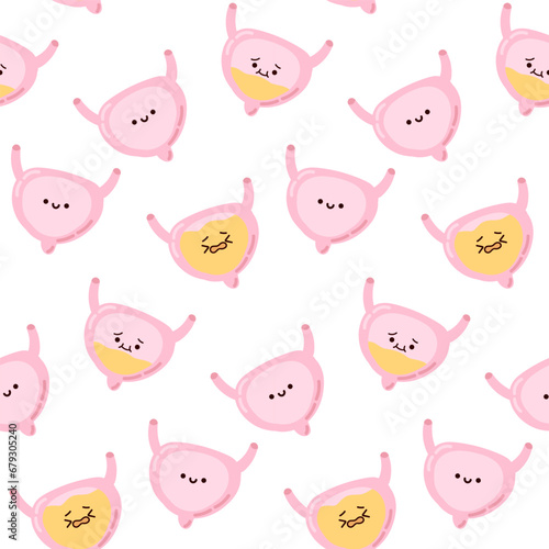 Seamless pattern adorable kawaii human organ. Unhappy, happy and embarrassed bladder, incontinence problem, child illustration.