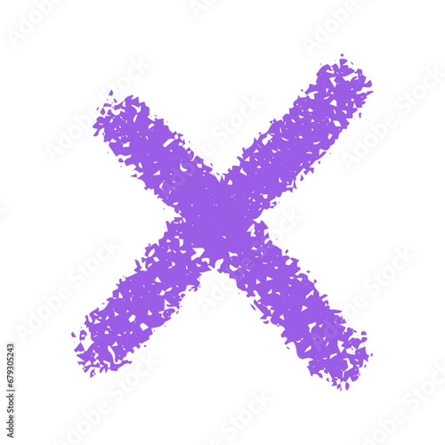 Textured purple doodle hand drawn cross  checkmark isolated on white background. Minimalistic vector element in bright color.