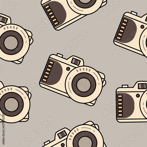 Minimalistic seamless pattern light vintage camera in retro colors isolated on taupe background. Background, backdrop, wrapping paper, sepia tone.