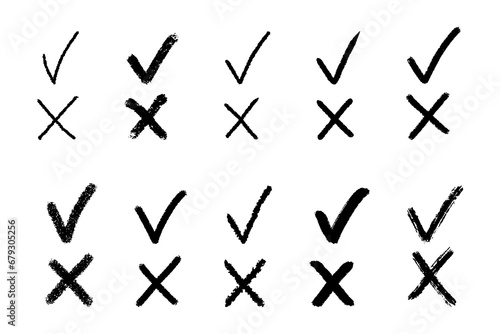 Clipart set of black textured doodle hand drawn checkmarks isolated on white background. Minimalistic vector elements with grunge texture.