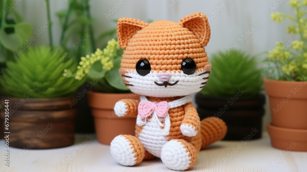 Fototapeta premium Crochet a cute kitten toy on white background. Aspect ratio 9:16.