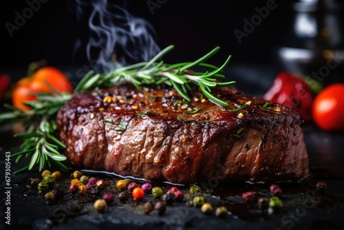 Medium-grilled sirloin steak with rosemary, served on a wooden board, a delicious barbecue delight.