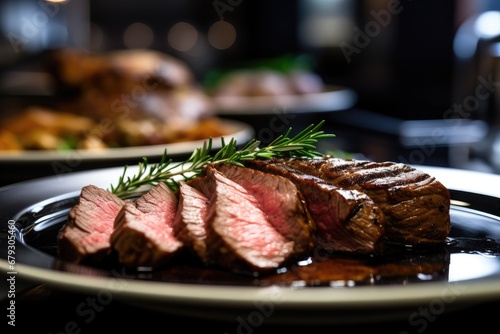 A rare and juicy beef steak with rosemary, grilled to perfection, served on a wooden board. photo