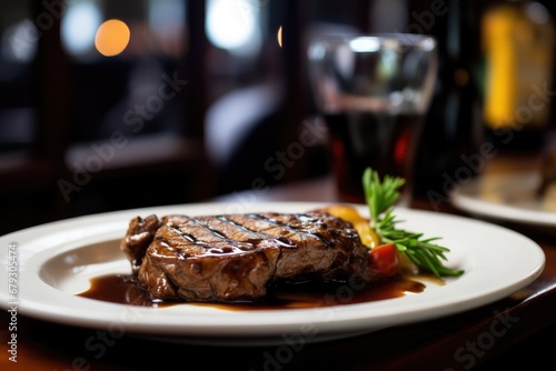 A delectable steak meal, with a savory sauce, cooked to perfection, adorned with rosemary, served on a plate. photo