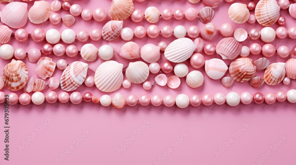 background of beads, shells and stones on pink. background of beads, shells and stones on pink.