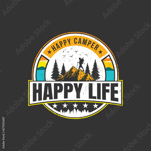 Camping creative t-shirt design vector, Adventure t-shirt design, Outdoor t shirt design,print, Camping logo design vector illustration,Happy camper happy life