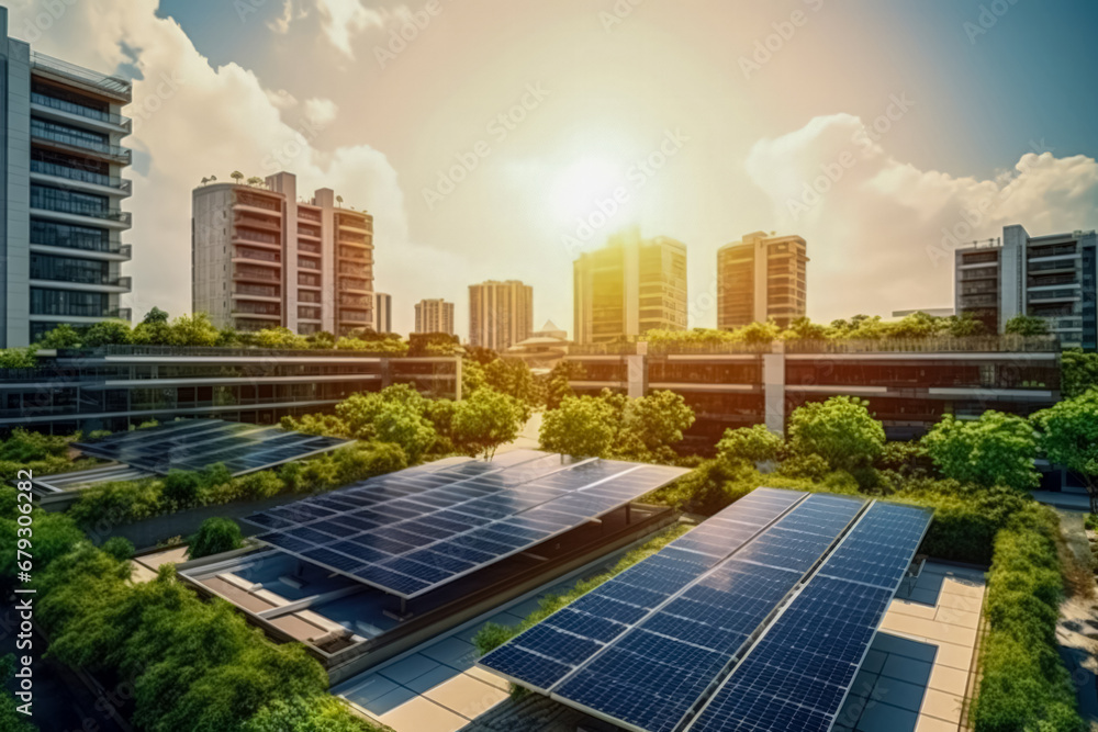 eco-friendly cityscape with solar panels on the rooftops of modern buildings under a bright sun. - obrazy, fototapety, plakaty 