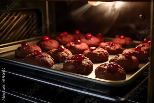 Baking Chocolate Covered Cherry Cookie in the Oven, christmas season