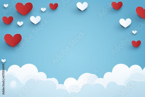 Paper hearts with clouds on blue background. Valentines day.