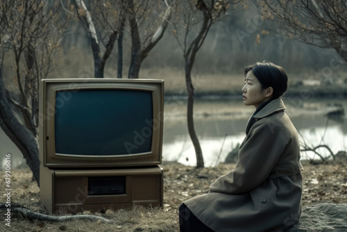 Asian woman sits outside in front of an old television photo