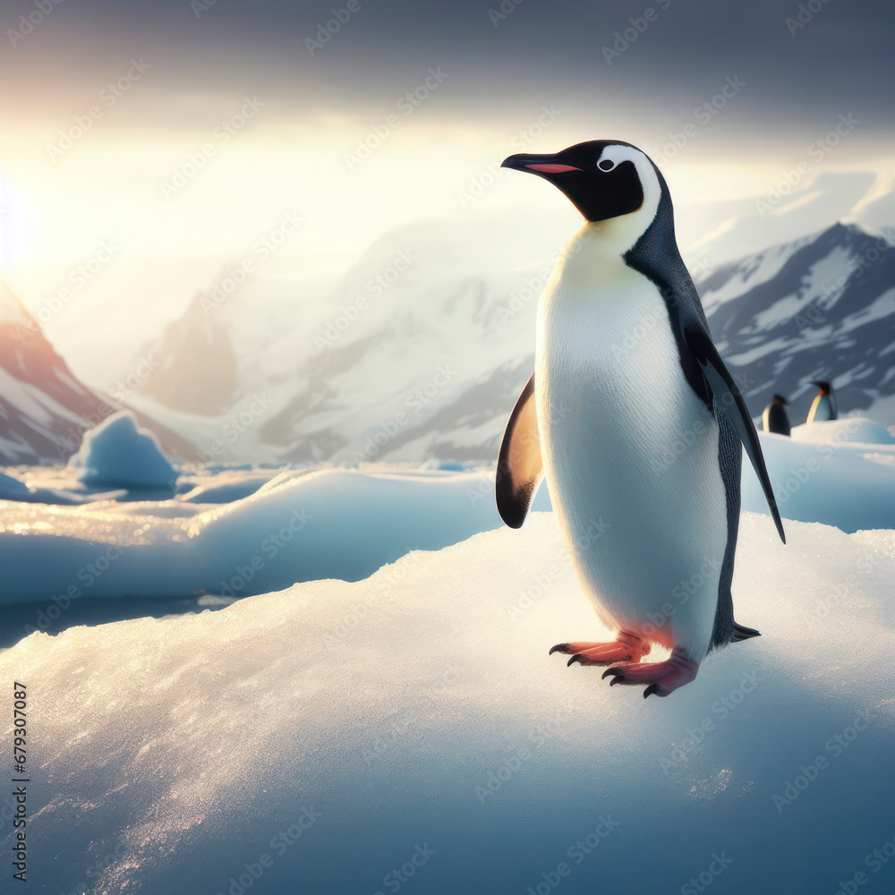 Fototapeta premium Photo of a penguin standing on an ice float close up. ai generative