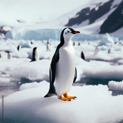 Photo of a penguin standing on an ice float close up. ai generative