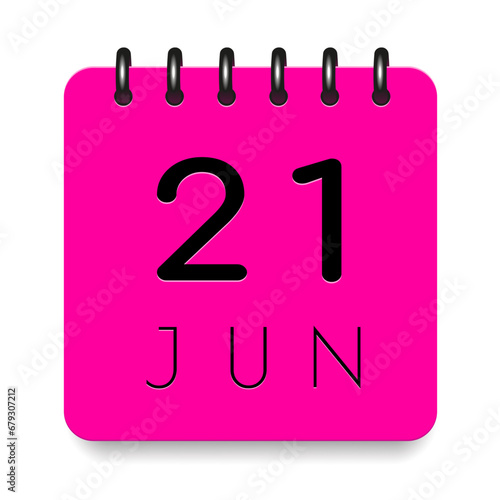 21 day of the month. June. Pink calendar daily icon. Black letters. Date day week Sunday, Monday, Tuesday, Wednesday, Thursday, Friday, Saturday. Cut paper. White background. Vector illustration.