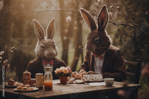 Two rabbits in suits and bow ties drink tea at a wooden table in a flowering garden.