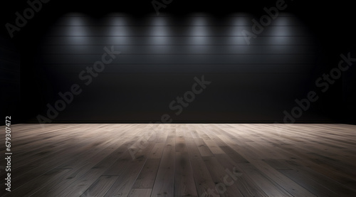 Dark room with black walls and wooden floor, illuminated by focused ceiling lights.