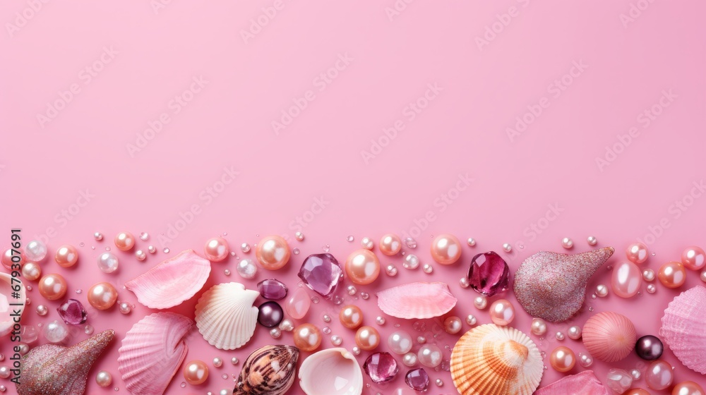 background of beads, shells and stones on pink. background of beads, shells and stones on pink.