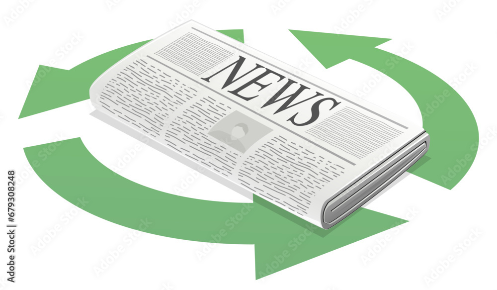 Newspaper in the middle of a green symbol with three recycling arrows - obrazy, fototapety, plakaty 