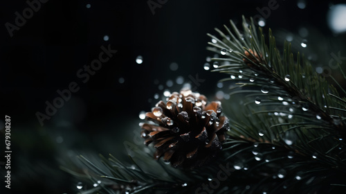 Christmas card design with pine branch and pine cone on dark green background with strong bokeh.