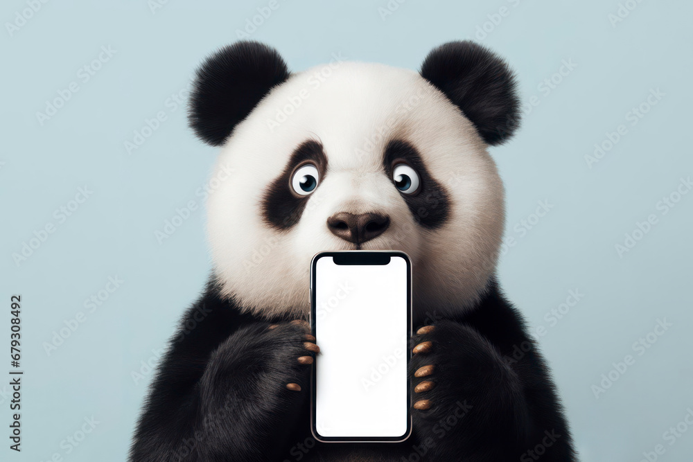 Shocked panda holding smartphone with white mockup screen on solid ...