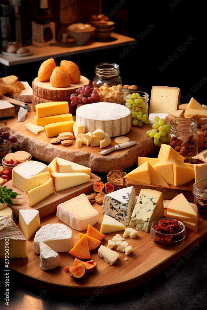 Various cheeses on a black background. Generative AI, Various cheeses on a black background. Generative AI,