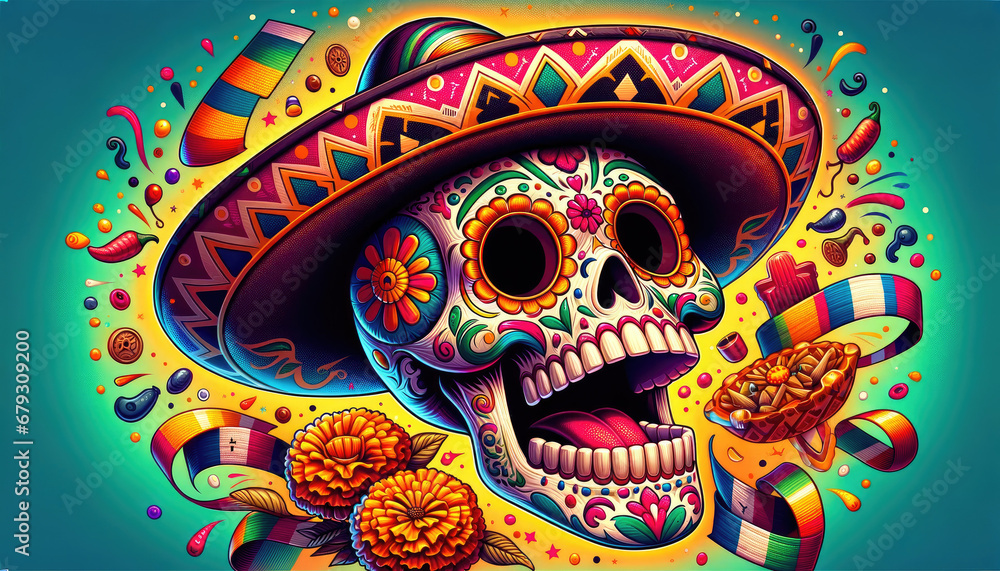 Obraz premium Cartoon Mexican Candy Skull with Grito Expression in Cowboy Style - Festive and Colorful Cultural Illustration.