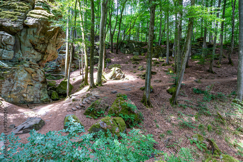 Wooded and rocky landscape in Teufelsschlucht nature reserve, trail between rock formations, sunlight entering through foliage of trees and illuminating ground, sunny summer day in Irrel, Germany photo