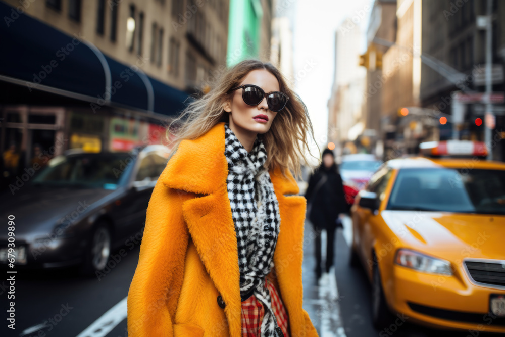 Fashionable young woman walking confidently down a city street with trendy outfit. New York City. Fashionable young woman walking confidently down a city street with trendy outfit. New York City.