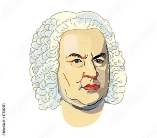 Johann Sebastian Bach vector portrait in barocken farben, minimalistisch Illustration freigestellt