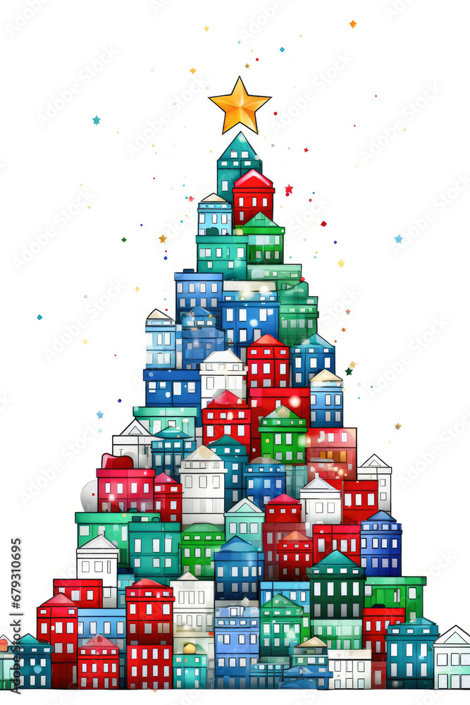 A colorful house made up in the shape of a christmas tree. Christmas Card Design.