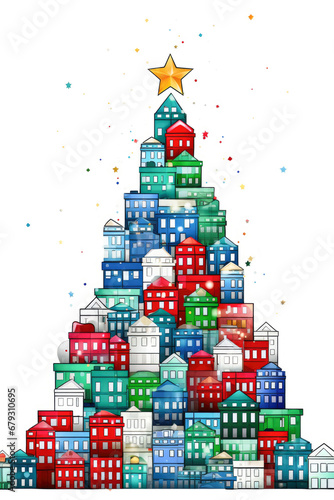 A colorful house made up in the shape of a christmas tree. Christmas Card Design. © PixelGallery