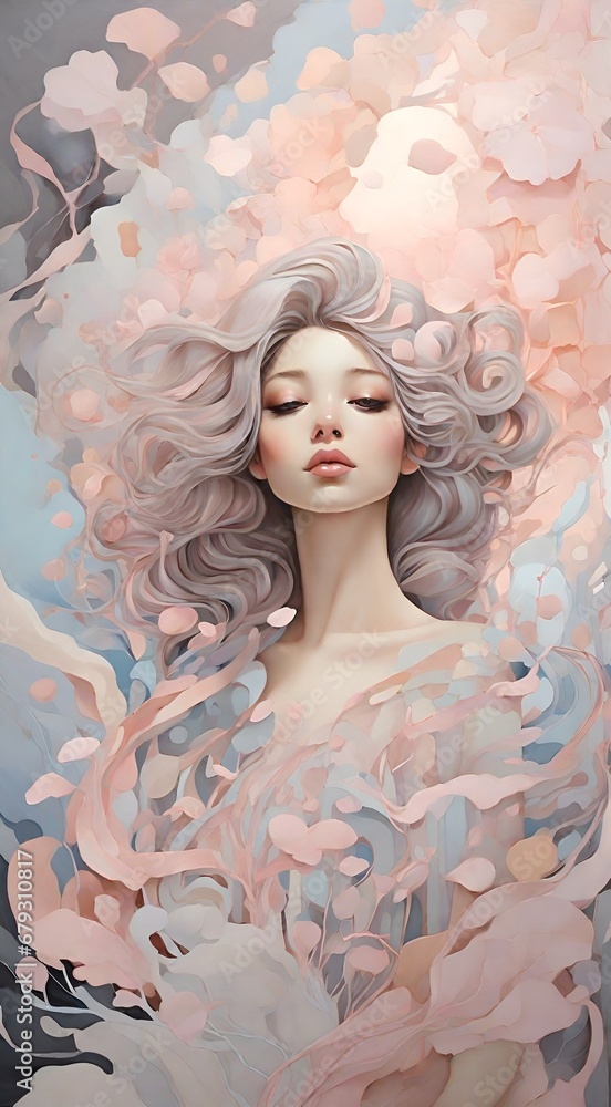 Fototapeta premium portrait of a woman with flowers , A REBELLIOUS QUEEN , SNOW QUEEN IN HER PRIME , WHIMSICAL , FANTASY