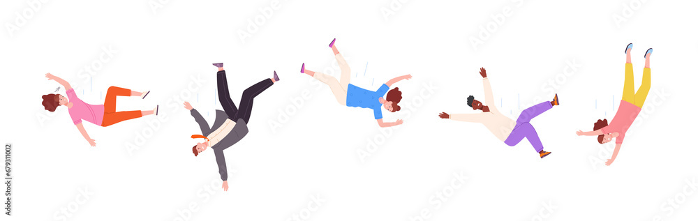 Fototapeta premium People fly down. Falling woman and man, human smashing fail drowning person in life difficulties, fall flauers slipping injury accident hovering girl