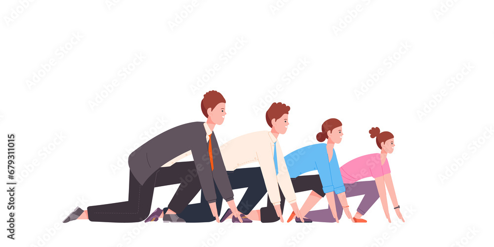 Corporate run positioning. Business competition ready to start, beginning race office rivalry competitor challenge executive worker sprint track line, splendid png illustration