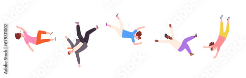 People fly down. Falling woman and man, human smashing fail drowning person in life difficulties, fall flauers slipping injury accident hovering girl