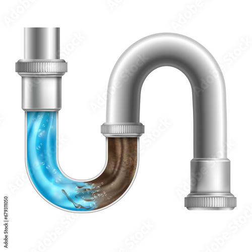 Realistic drain pipe. Clogging plumbing 3d pipes under sink or sewerage, liquid cleaner for unclog toilet drains, clean water block in dirt piped drainage tidy png illustration photo