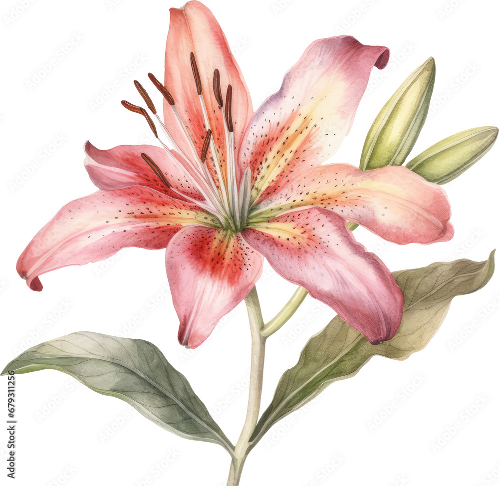 Oriental lilies. Pink lily flowers and buds. Hand drawn watercolor bouquet. Artistic illustration on a white background