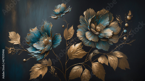 Fotografia Generative AI, Close up of blooming flowerbeds of amazing blue flowers on dark moody floral textured background