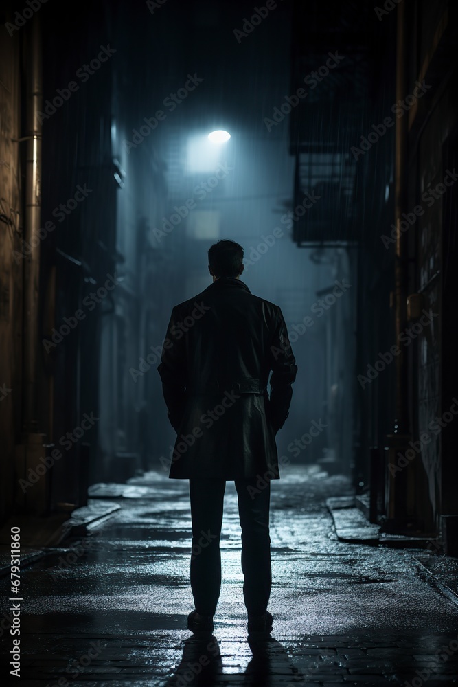 suspicious man in a dark alley waiting for something