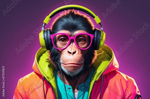 Illustration of Fantasy character with monkey head in Stylish glasses and headphones wearing Neon Jacket listening to music against color background. Ai Generative Art photo