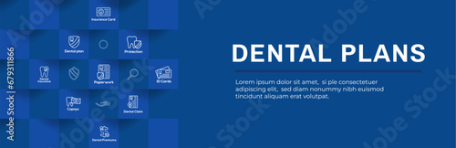 Dental Plans Web Header Banner - Insurance Outline Icons with tooth image - vector graphic