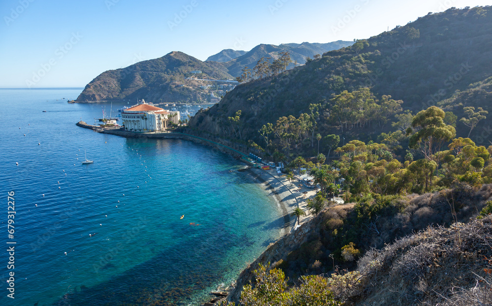 View of the bay and beach of the town of Avalon on Catalina Island, California