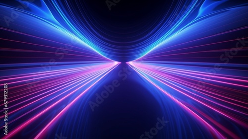 3d render. Abstract neon background. Fluorescent ines glowing in the dark room with floor reflection. Virtual dynamic ribbon. Fantastic panoramic wallpaper. Energy concept photo