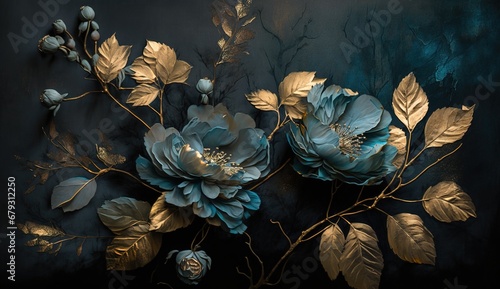 Fototapeta Naklejka Na Ścianę i Meble -  Generative AI, Close up of blooming flowerbeds of amazing blue flowers on dark moody floral textured background. Photorealistic effect.	

