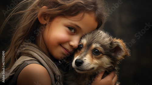 A young girl hugging her adorable puppy.