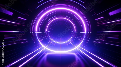 3d render, abstract geometric background with glowing neon round shape. Violet laser ring inside the dark tunnel. Futuristic wallpaper