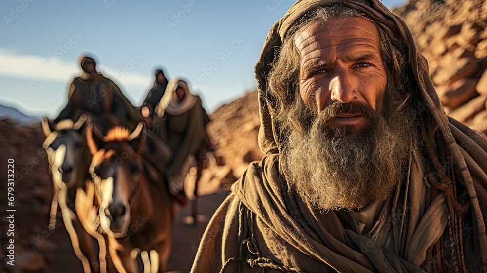 Close-up of Moses, historical biblical figure. Close-up of Moses, historical biblical figure.