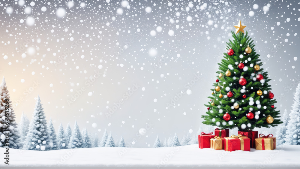 christmas background with christmas tree, ornaments, presents and snowfall